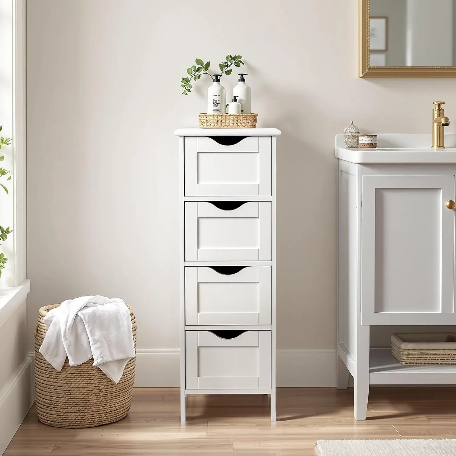 Skinny Bathroom Floor Storage Cabinet,White 12 Inch Wide Deep Small Storage Organizer with 4 Drawers, Wooden Modern, Customized