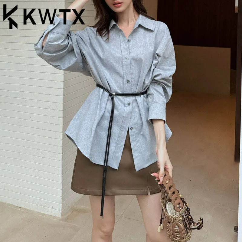 

KWTX Women's Designer Casual Blouse SS25 Light Luxury Relaxed Button Down Lapel Tie Waist Elegant Chic Comfortable Spring Summer