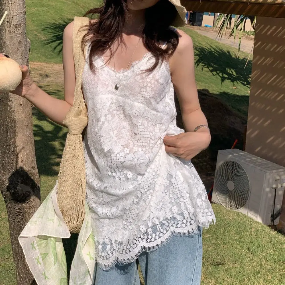Fashion Beach Wear Lace Camisole Skirt Sweet Summer Lace-edged Camisole Loose V-neck Sleeveless Top Club