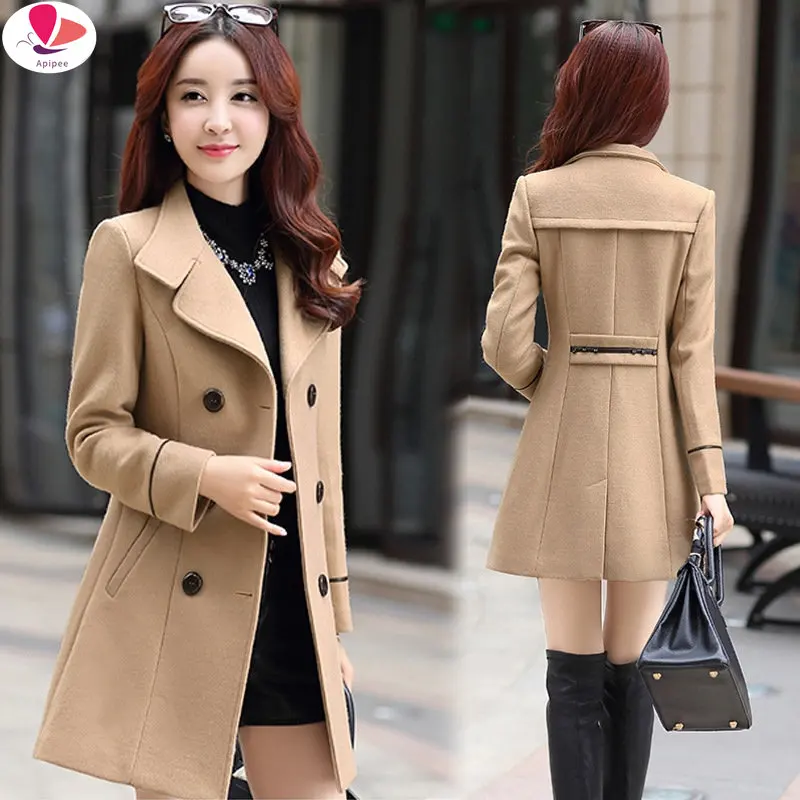 

APIPEE Autumn And Winter Wool Jacket Womens Clothing Medium Length Woolen Coats Slim Wild Elegant Female Korean Outerwear 3XL