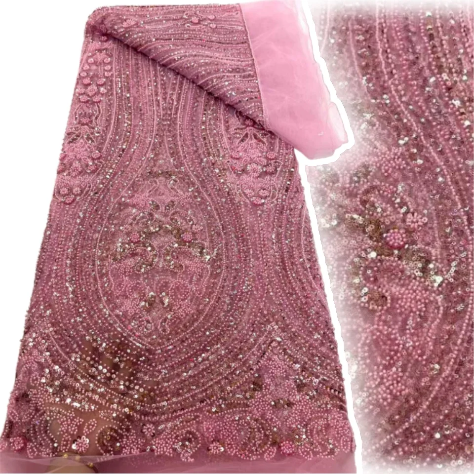 

African Beaded Sequins Lace Fabric Pink Nigeria French Groom Embroidery Mesh Tulle Lace for Women Wedding Dresses Party CC1439