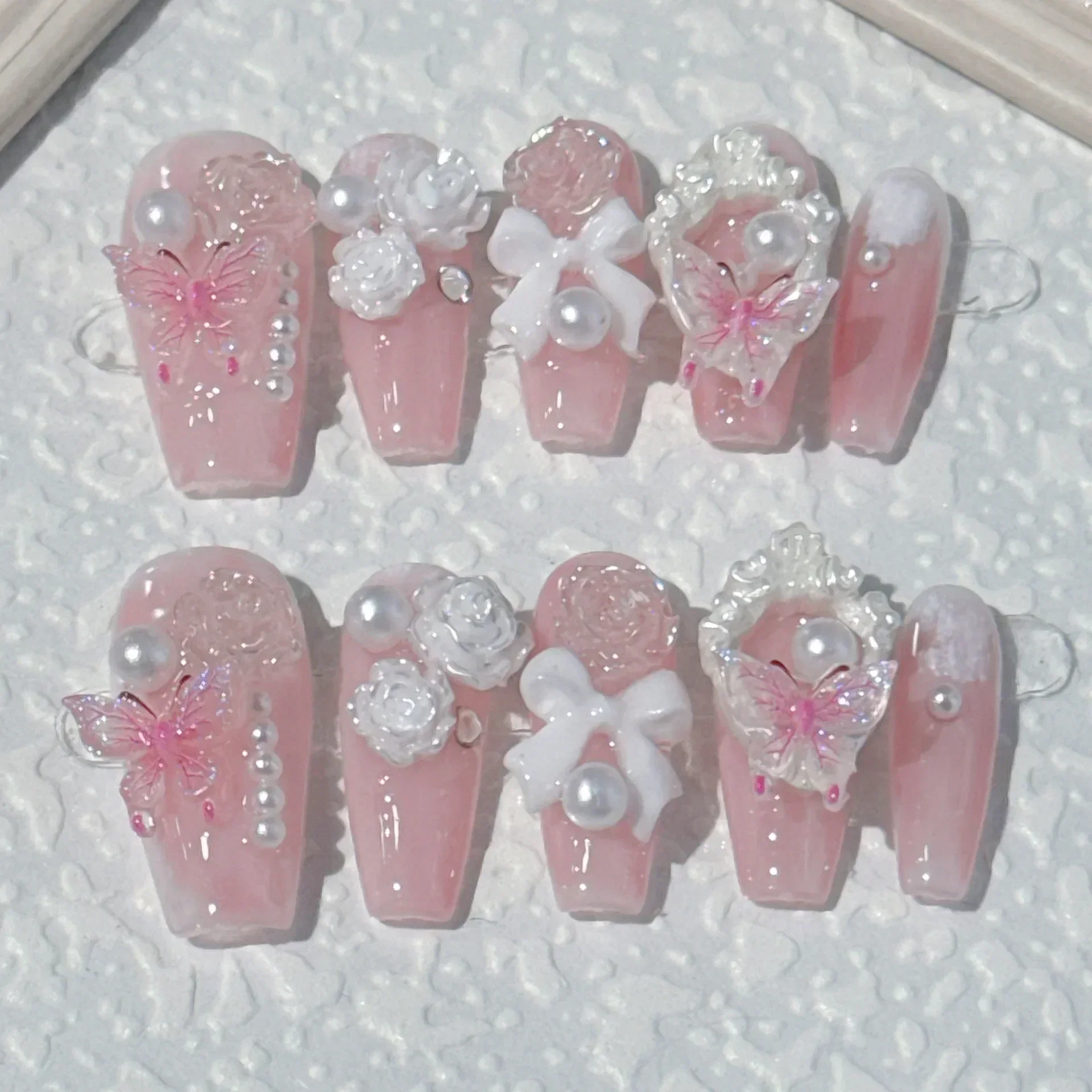 10Pcs Pink Coffin Handmade Press On Nails 3D Rhinestone Fake Nail with Butterfly Full Cover Pearl Wearable Artificial Nail Tips