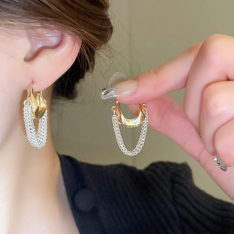 Fashion Chain Tassel Earrings Gold And Silver Color Contrast Temperament Retro Women Accessories