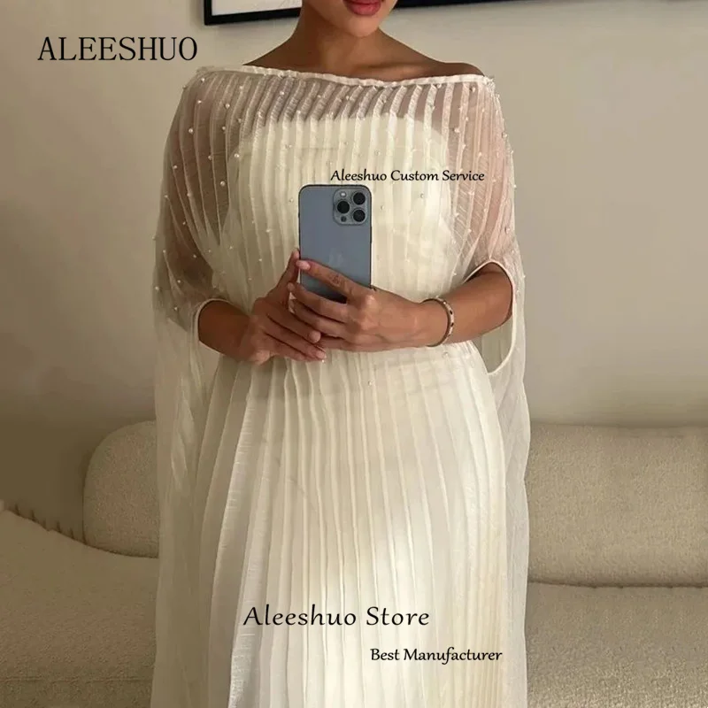 Aleeshuo Simple White Straight Prom Dresses Glitter Pearls Short Sleeve Party Dresses Tulle Boat Neck Vestidos De Ocasión 2024