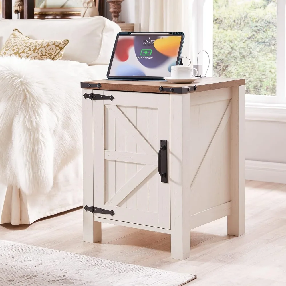 

End table with Charging Station, 18 Inch Farmhouse End Table with Barn Door and Adjustable Storage Shelf, Rustic Wood Sofa Table
