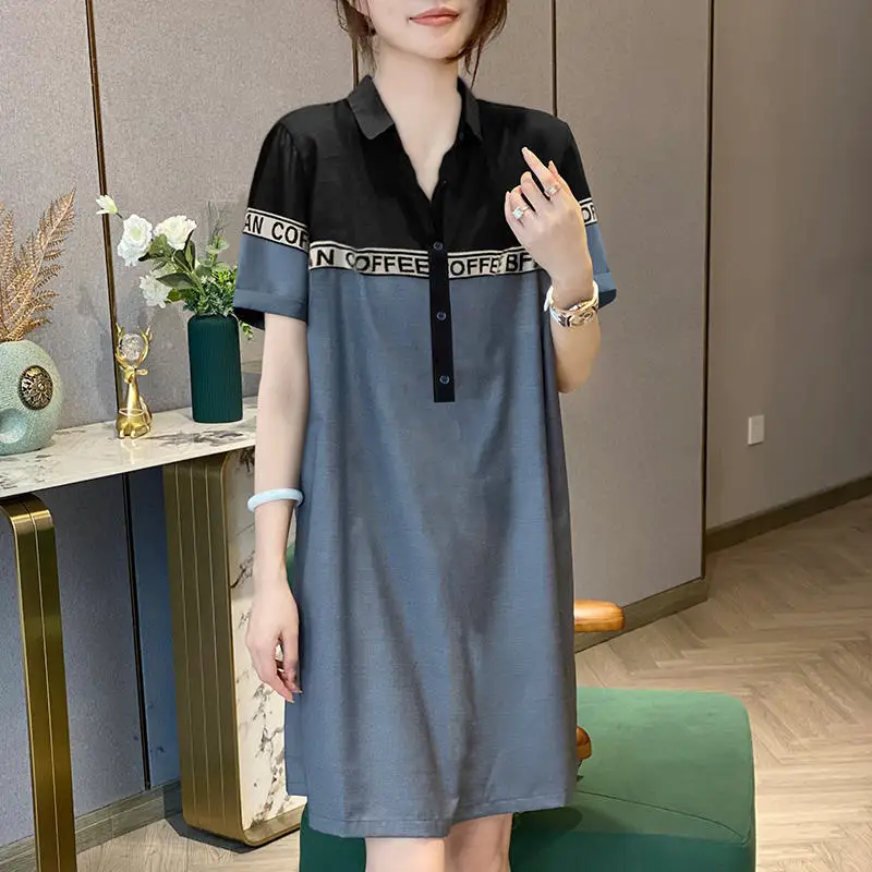 Patchwork Print Polyester A-line Dress Spring Summer Fashion Dress 2023 Korean Style Elegant Dress Polo Collar Dress for Female