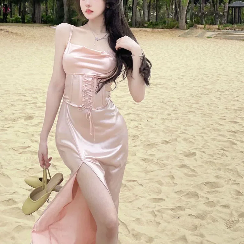 Xpqbb-ピンクのサテンのスパゲッティドレス,スパゲッティストラップ,セクシー,スリム,裸の肩,サイドスリット,マキシ,シックなイブニングドレス
