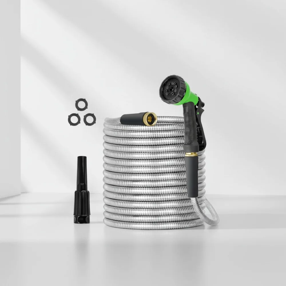 

100ft Stainless Steel Garden Hose Flexible No Kink Rust Proof with Brass Fittings & Sprayer Nozzle