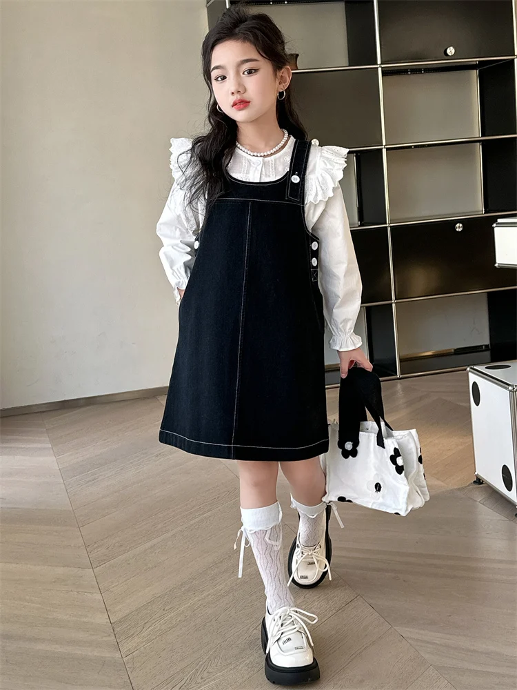 spring-autumn-girls-dress-denim-bib-overalls-set-kids-fashionable-children-shirt-skirt-ensemble-toddler-kids-clothing