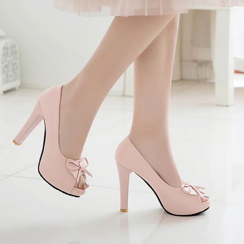 Spring and Autumn New style fashion Fish beak high-heeled Women\'s Shoes Sweet bow princess Thick heel Women Shoes plus size34-43