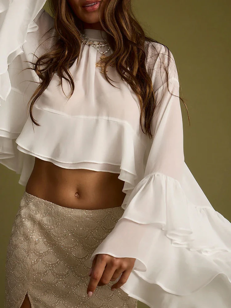 

Spring Fashion Temperament Loose Tops Autumn Elegant O-neck Ruffle Chiffon Blouse Women's Casual Long Sleeve Solid Color Shirt