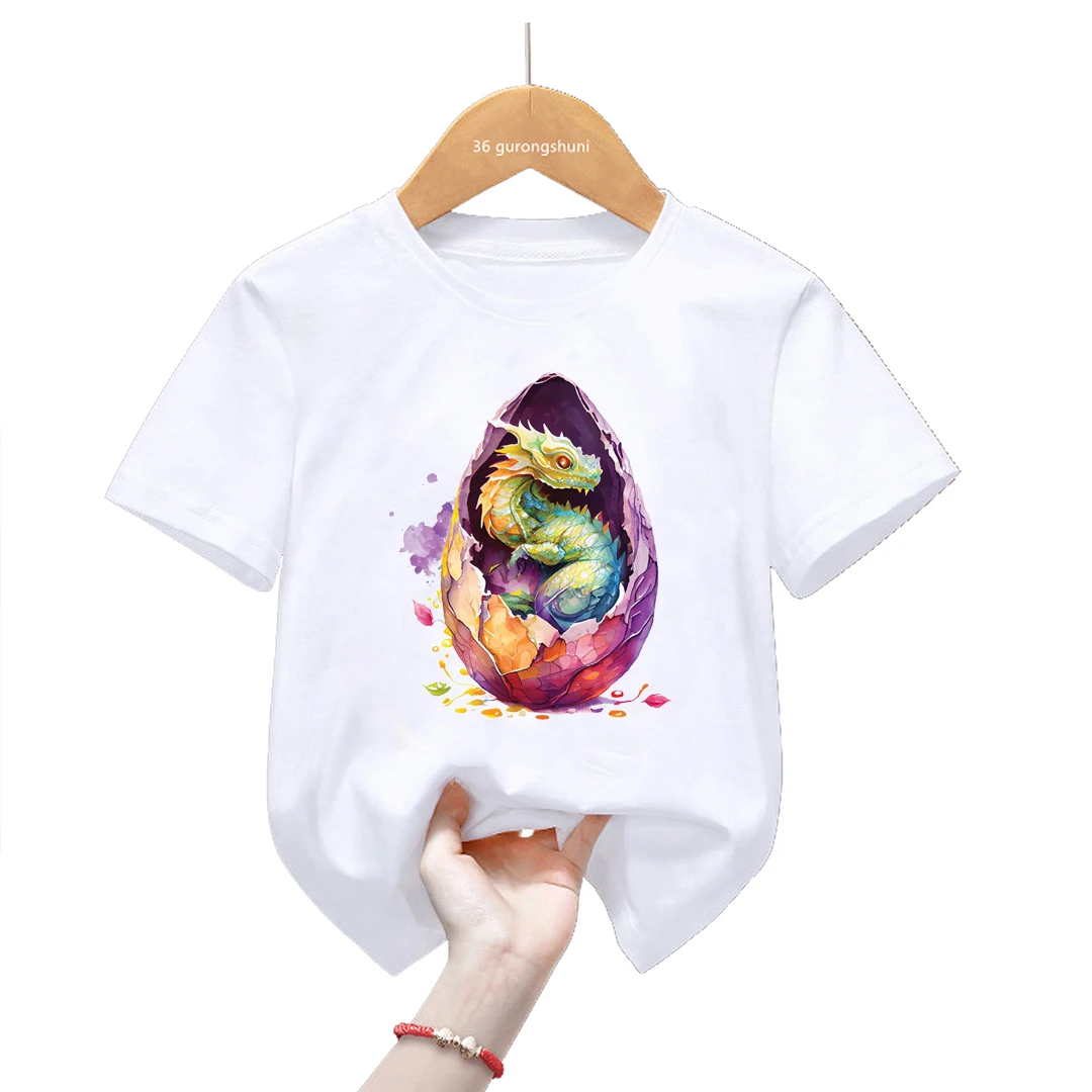 New Fashion Watercolor Dinosaur Egg T Shirt Animal Cartoon Print T-Shirt Baby Boys Girls Gift Kids Clothes Short Sleeve Tee Tops