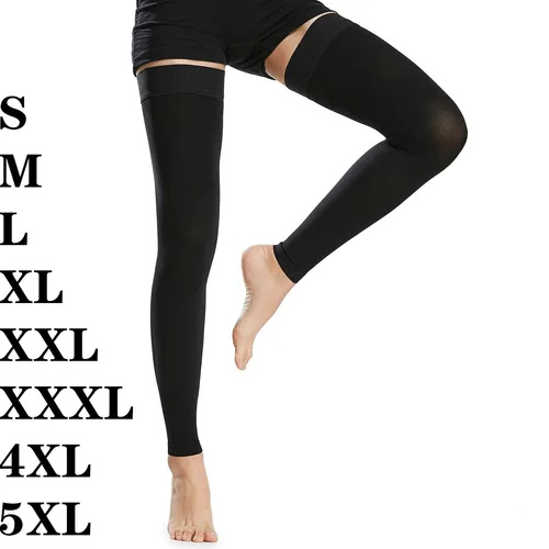 Imagen 1 del producto Calcetines de compresión de muslo alto para hombre y mujer, medias negras de Punta abierta para venas varicosas, hinchazón, 20-30mmHg, 4XL, 5XL, 1 par