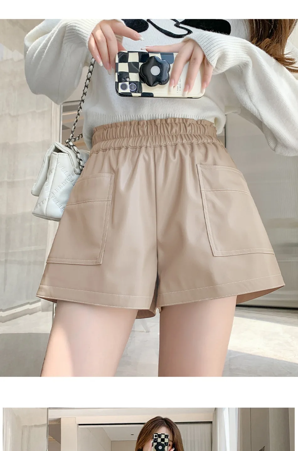 Herbst-Winter Koreanische Lose High-Street Schwarze Sexy Damen-Shorts mit Hoher Taille, Schnürung und Weitem Bein aus Leder – Detail 10