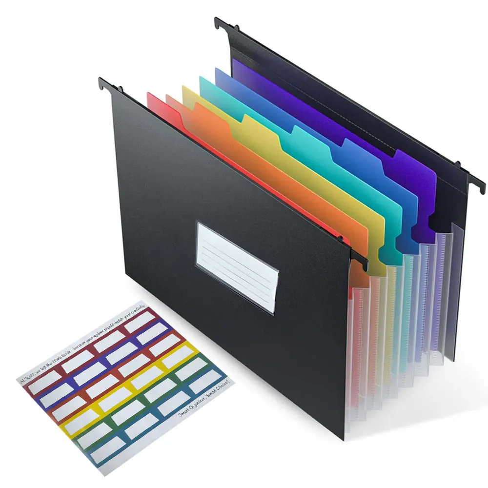 7-Pocket Expandable Hanging File Bag, Suitable for Filing Cabinet Organization, with Rainbow Tags, Expandable Plastic File Bag