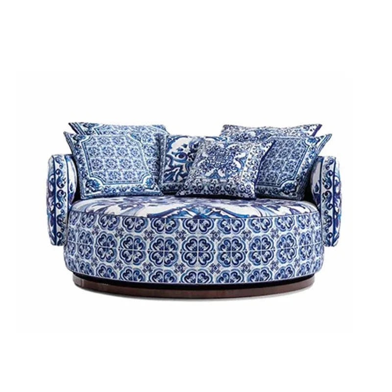 Blue and white porcelain fabric sofa villa sofa chair elegant and artistic sense of leisure sofa chair