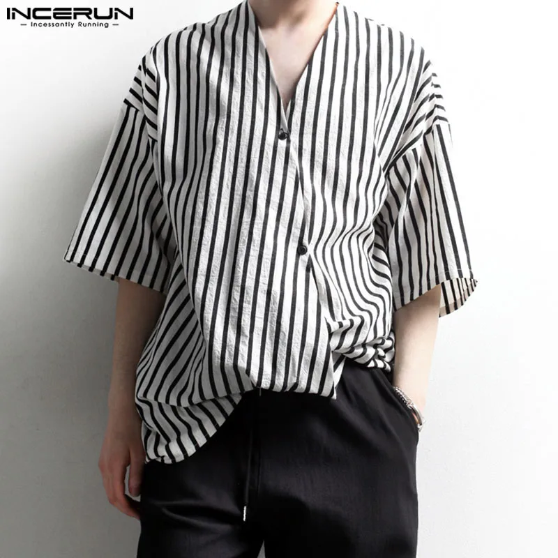 Casual Simple Style Tops INCERUN Handsome Men's Diagonal Placket Striped Shirt Summer Male Personality Half Sleeved Blouse S-5XL