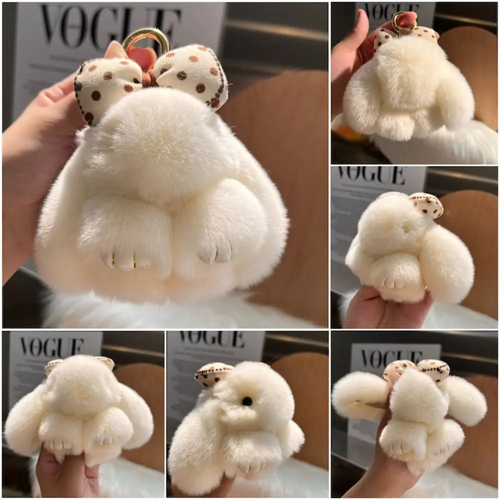 Hair Bow Rabbit Fur Keychain Cute Fluffy Plush Dolls Bunny Keychain Bag Charm Alloy Ring Plush Rabbit Key Ring Car Key Chain