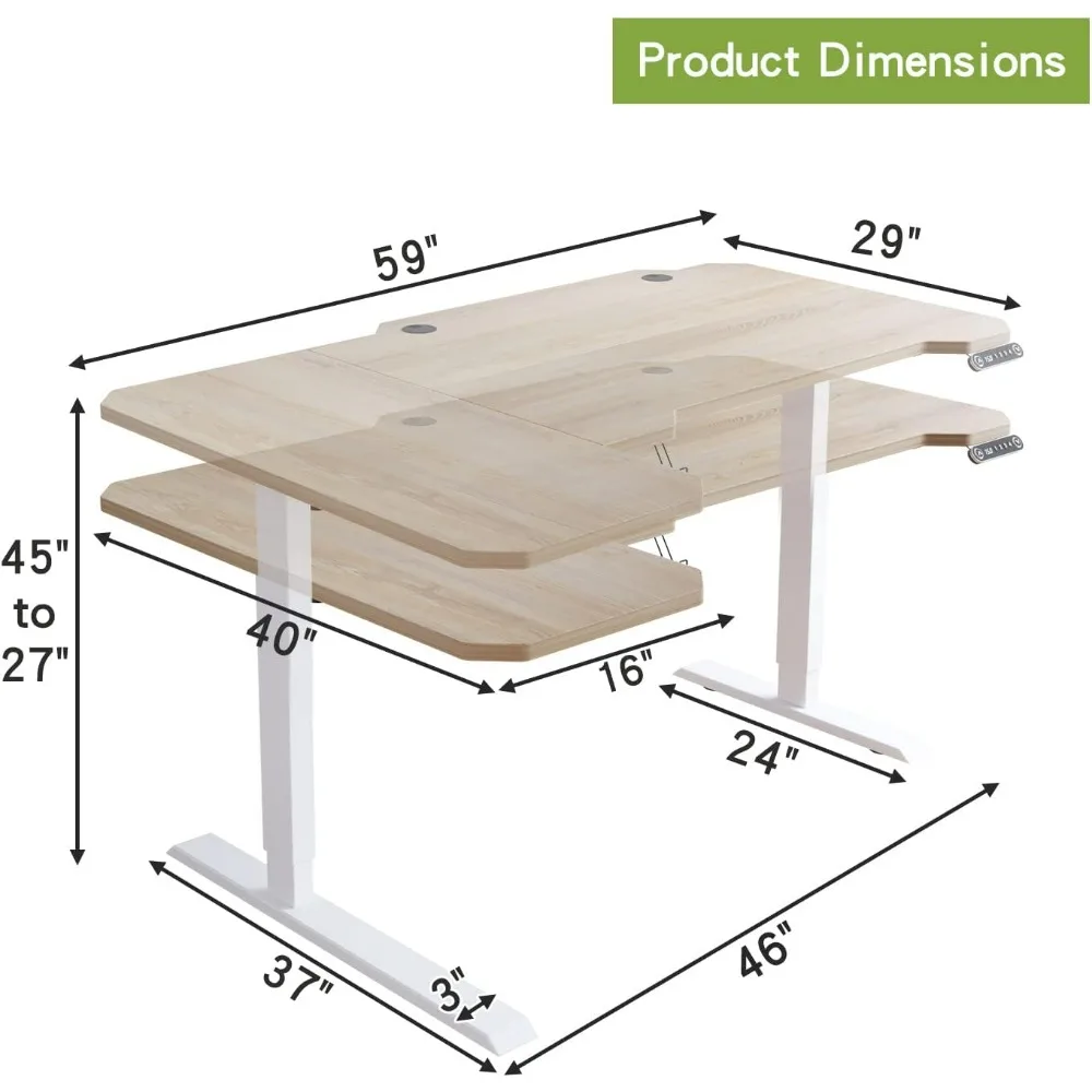 59 مكتب كمبيوتر كهربائي كبير على شكل حرف L مع ارتفاع قابل للتعديل ووحدة تحكم في الذاكرة للاستخدام المكتبي الحديث