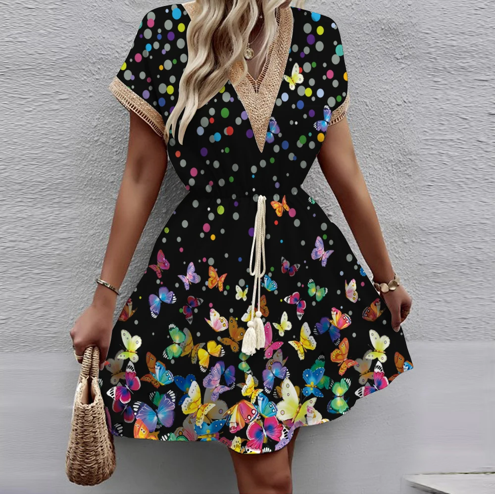 2024 New European and American Spring/Summer Printed Bat Sleeves Lace V-Neck Waist Wrap Short Sleeve Medium Length Dress