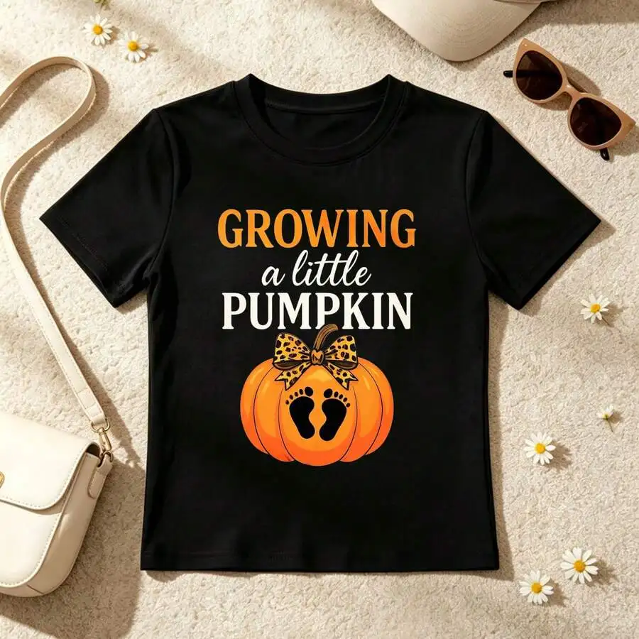 Growing A Little Pumpkin, Casual Streetwear, Women Regular Short Sleeve T-Shirt, Soft Cotton Blend Digital Print, Orange Pumpkin With Leopard Bow And