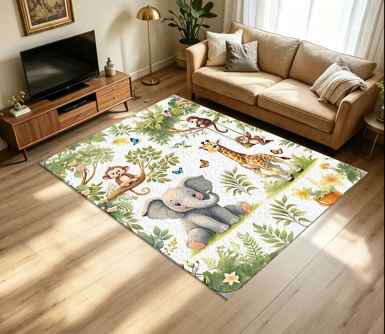 Cute Safari Animal Pattern Carpet with Elephant, Giraffe, and Monkey Designs, Non-Slip and Washable Floor Rug, Suitable for Children's Playrooms, Kids' Rooms, and Home Decor