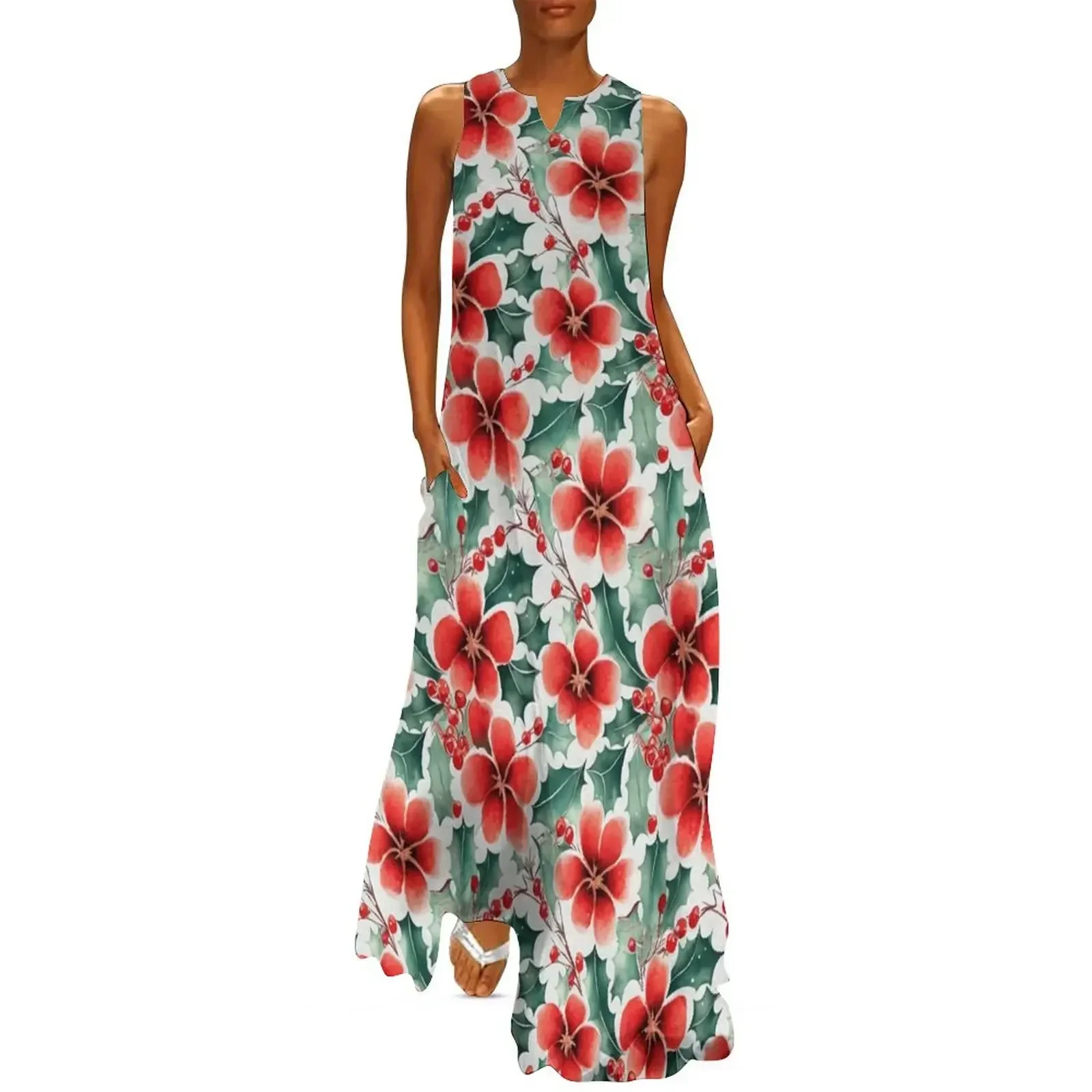 

Christmas Red and Green Flowers with Holly Design on White Background Long Dress Womens dresses luxury dress Dress