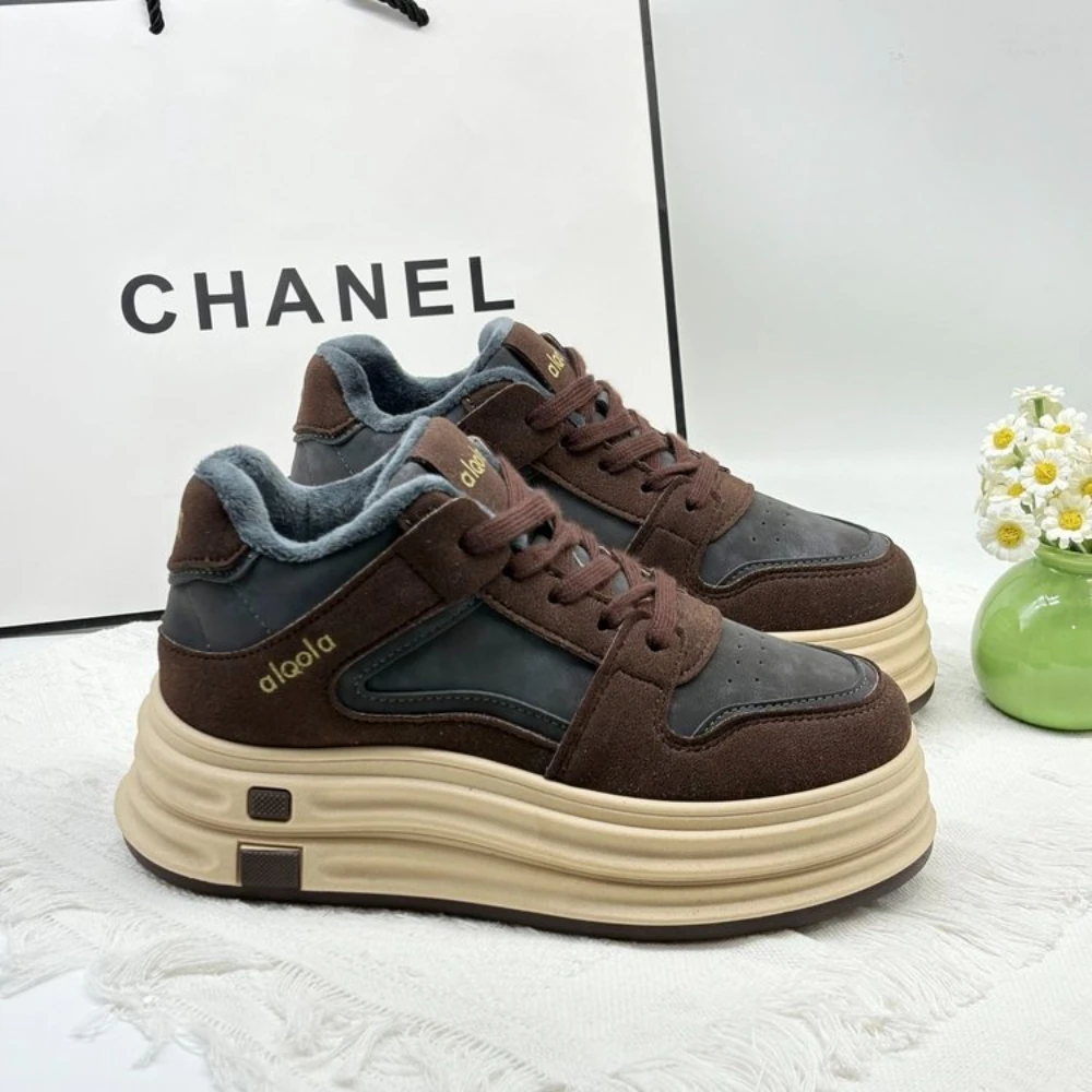 Brown Suede Patchwork Platform Board Shoes Letter Embroidery Wavy Thick Sole Casual Sneakers