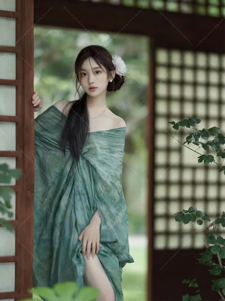 

New Chinese Style Art Photo Shoot Dress Diffused Gradient Minimalist Zen Atmosphere Cold Tone Dress for Women
