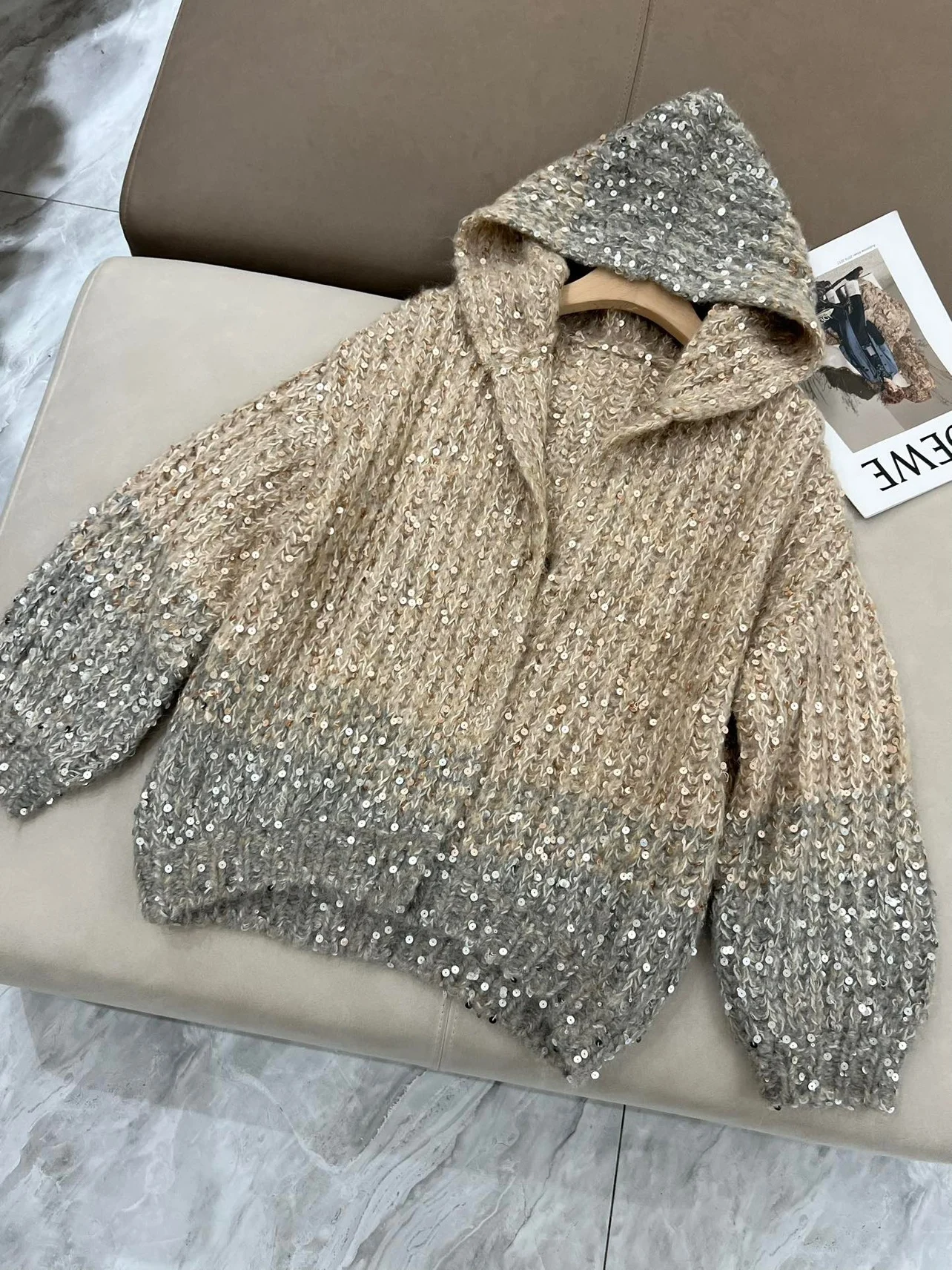 Autumn Winter B*C Women\'s Hooded Gradient Sequin Sweater Loose Cardigan Jacket Coat