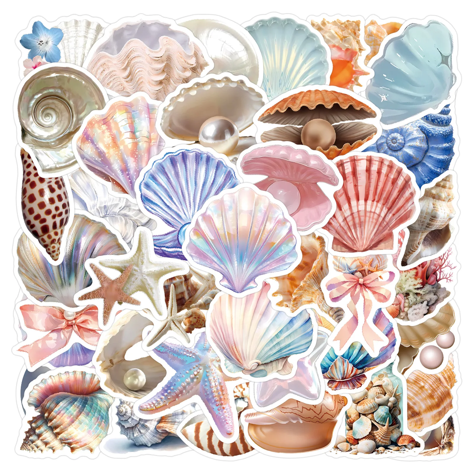60PCS Beautiful Shells Decoration Stickers Shiny Pearl Starfish Cartoon Decals Suitcase Fridge Laptop Guitar Car Bike Kids Toys
