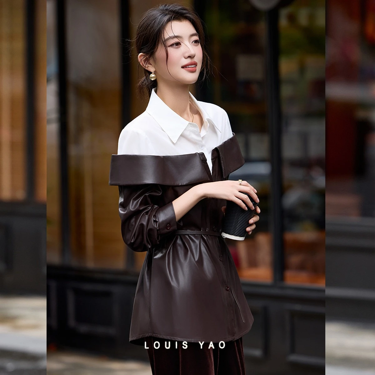 LOUIS YAO Patchwork Color Block Women's Jacket 2026 Autumn Women's Lapel Cardigan Jackets Removable Waistband Outerwear