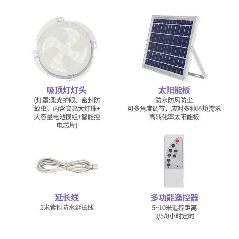 Solar Ceiling Light Indoor Remote Control Aisle Corridor Balcony Light Emergency Portable LED Super Bright Outdoor Courtyard Hot