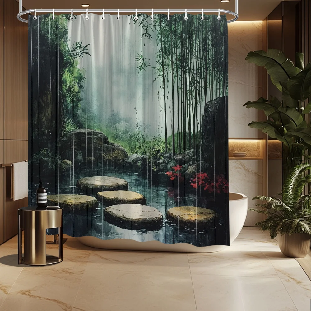 

1 шт., бамбуковая садовая занавеска для душа Serene — полиэфирная ткань с туманной атмосферой, светоотражающим прудом, деревянным мостом и красными цветами
