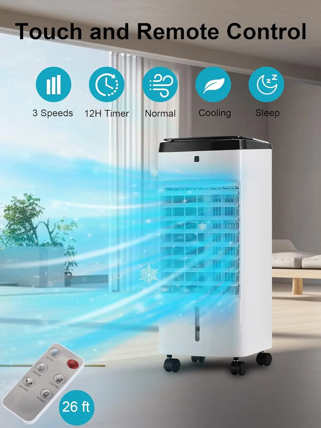 Refroidisseur d'Air Évaporatif 3 en 1 avec 6 Packs de Glace, Télécommande, Minuterie 12H, Portable, Oscillation à 70 °