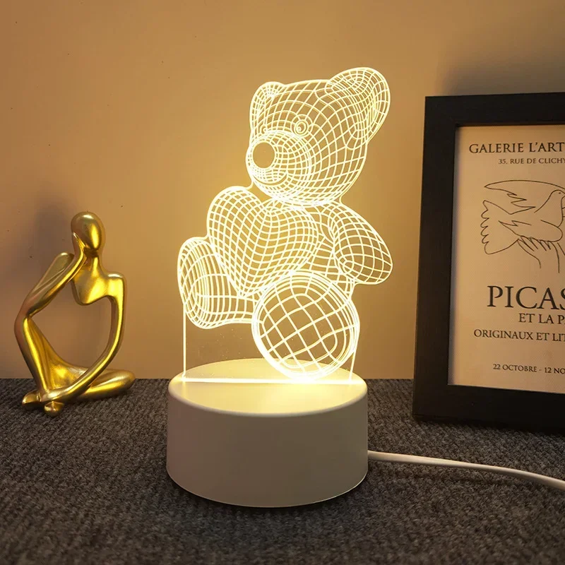 LED Teddy Bear Night Light, Warm White Glow USB Powered Acrylic Panel, for Home Bedroom Nightstand Christmas Gift Decorations