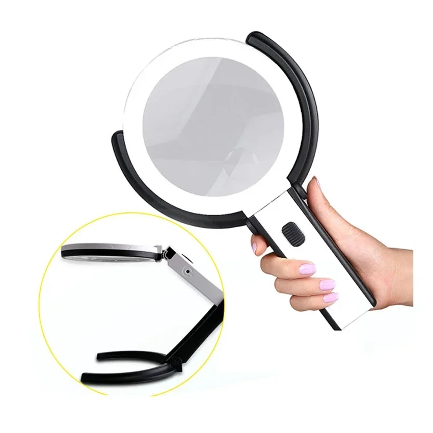 Portable Handheld Magnifying Glass with LED Lights Foldable Desktop Loupe Helping Hands for Newspaper Reading Magnifier Repair