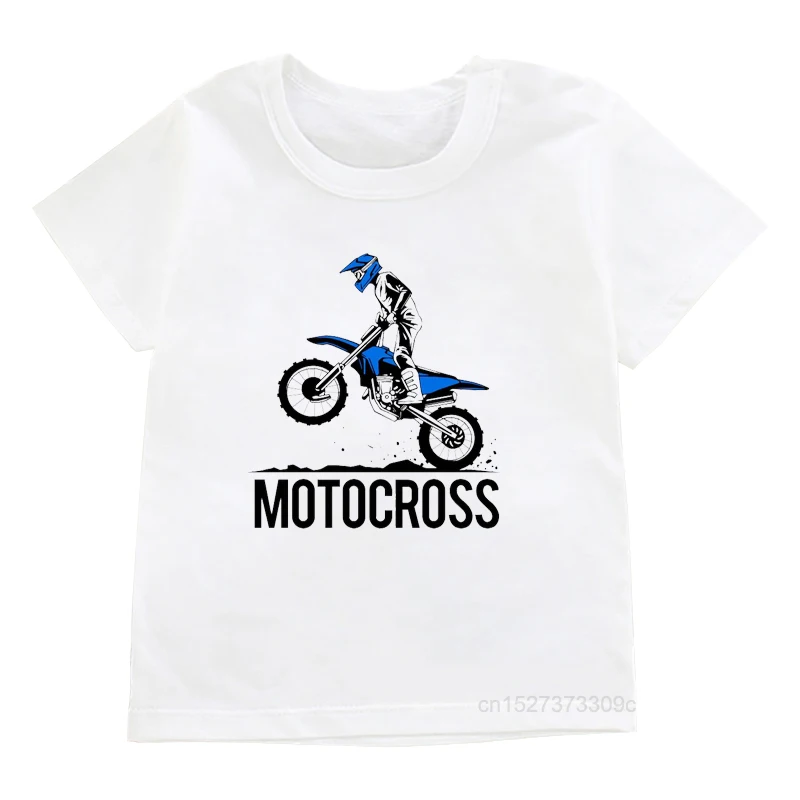 Motocross Dirt Bike Motorcycle Print T-shirt Boys Cool White T Shirts Kids Harajuku Shirt Summer Short Sleeve Tshirt Streetwear