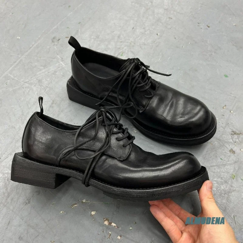 Black Washed Leather Men Derby Shoes Lace Up Round Toe Chunky Block Heel Vintage Style Casual Daily Outdoor Fashion Formal Shoes