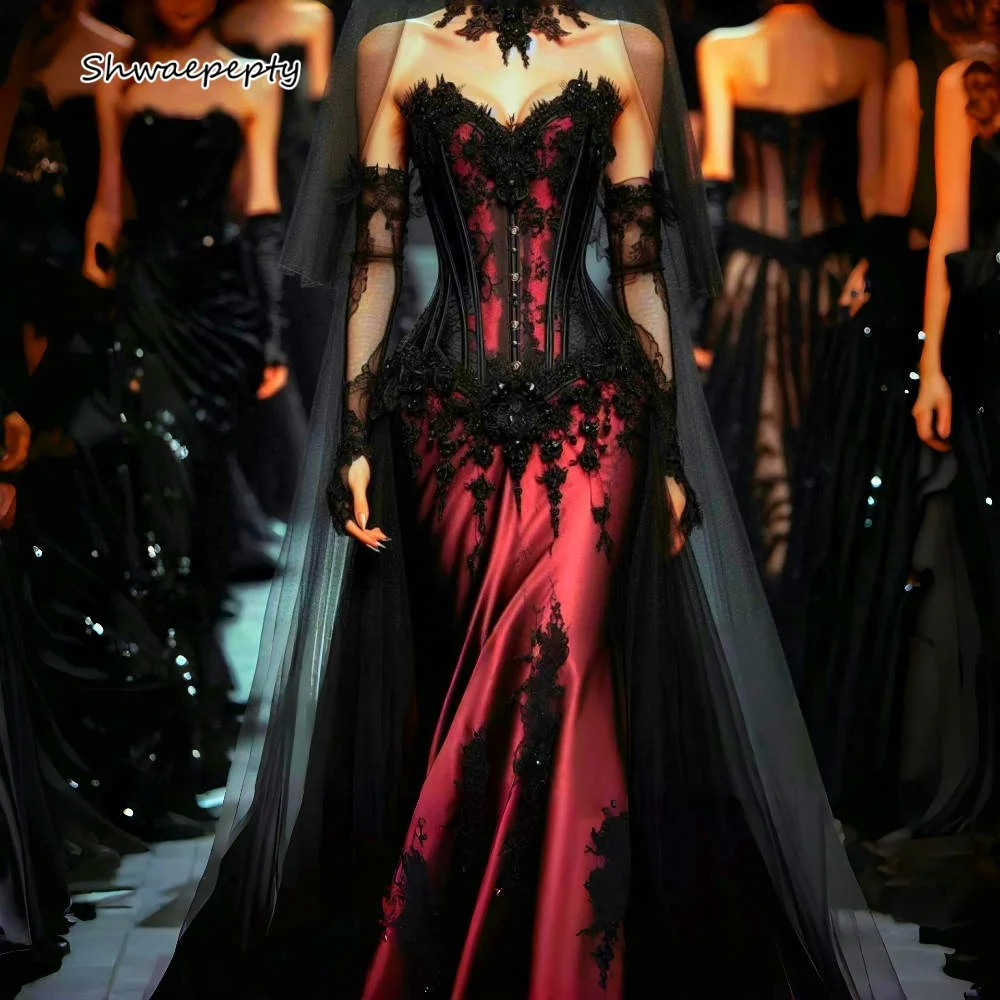 Schwarzes und rotes Gothic-Meerjungfrau-Hochzeitskleid mit abnehmbarer Schleppe, Spitzenapplikationen, ärmelloses Korsett, individuelle Brautkleider