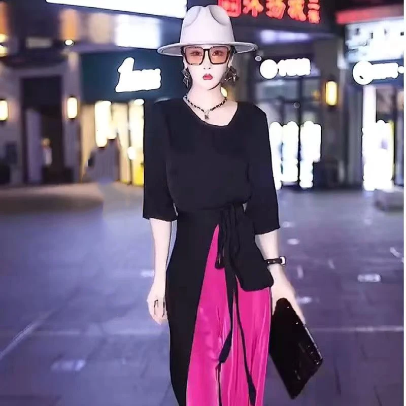 2-Piece Set Of Popular Summer Fashion Outfits With Covered Flesh And Waistband T-Shirts, Long And Thin Straight Leg Pants