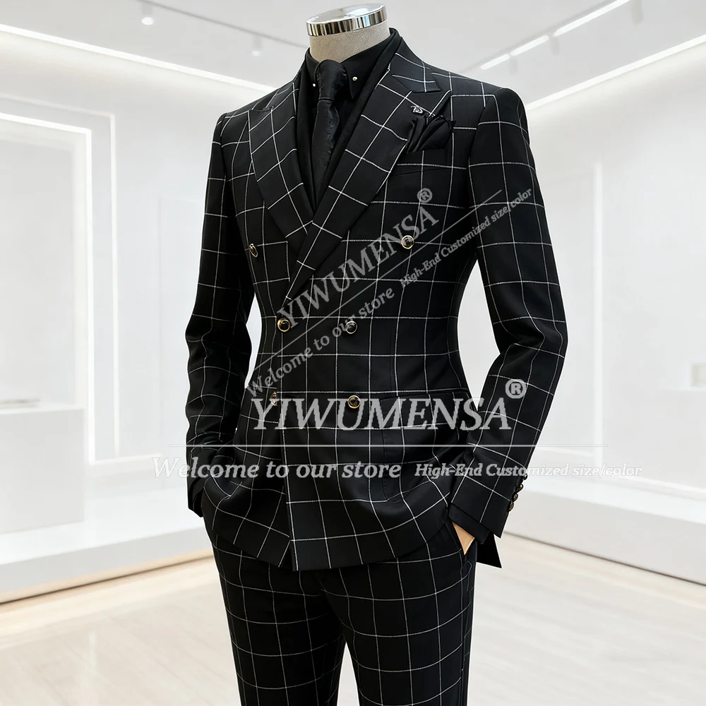 

Классические клетчатые костюмы в клетку, мужские комплекты из 2 предметов, двубортные деловые пиджаки, индивидуальные смокинги для жениха, ужина, выпускного вечера 2026