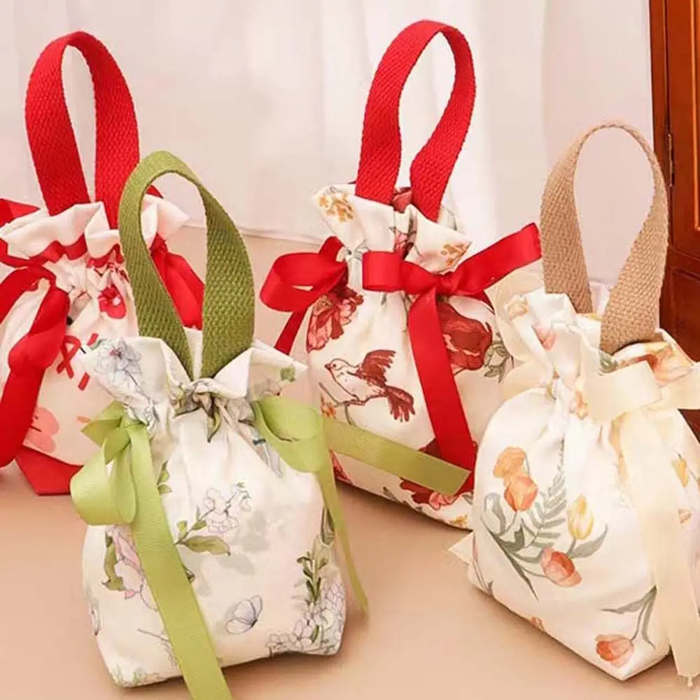 Floral Canvas Drawstring Bag Bird Korean Style Festive Sugar Bag Wedding Candy Bag Jewerly Packing Bag Bowknot Handbag