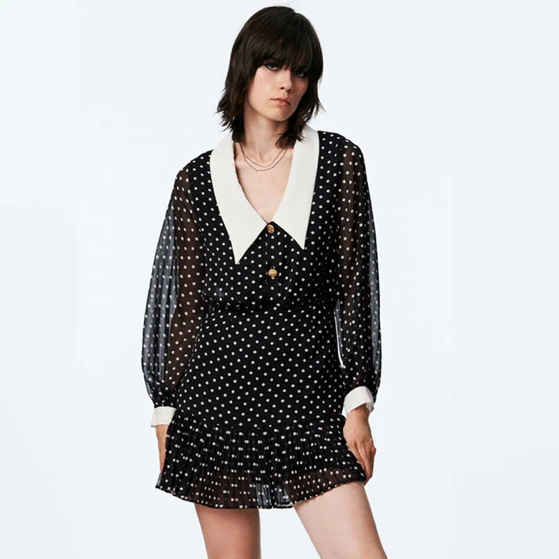 Fresh Polka Dots Print Chiffon Dresses Women Lapel Buttons See Through Chiffon Long Sleeve Mini Dress Female Spring Autumn New