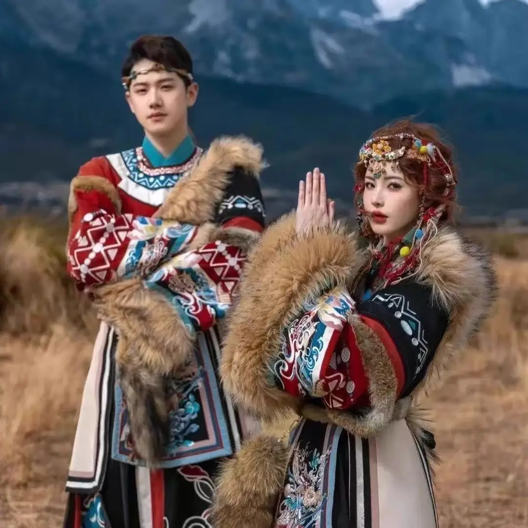 Classic Embroidered Tibetan Robe Men Women Traditional Plush Collar Clothing Couples Travel Wedding Photography HanfuDress Niche