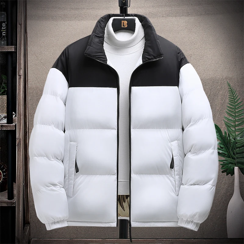Parka invernale da uomo color block alla moda, colletto alla coreana, giacche in cotone maschile antivento, abbigliamento da uomo caldo addensato di alta qualità