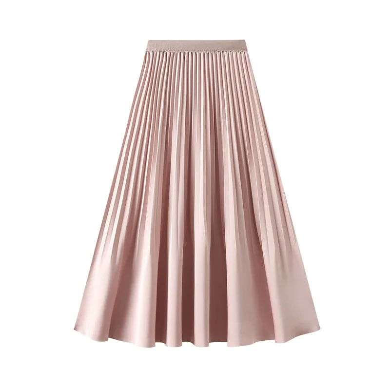 

Temperature Wrinkled High Waisted A-Line Pleated Satin Medium Length Ruffled Edge Skirt, Spring/Summer 8810