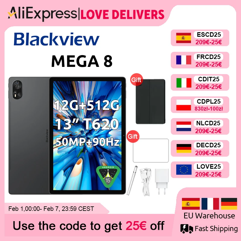 【Światowa premiera】 Blackview MEGA 8 Tablet 13 cali FHD+ 90Hz Wyświetlacz 11000mAh AI Android 15 50MP Kamera 4 BOX Głośniki 4G Pad PC