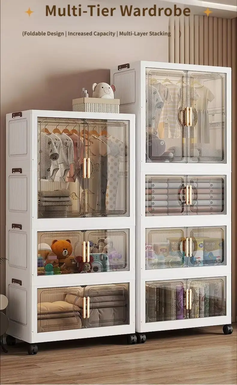 Ready-to-Use Foldable Organizer Cabinet – Multi-Level Flip-Top Shelf on Casters for Living Room & Bedroom, Versatile Storage