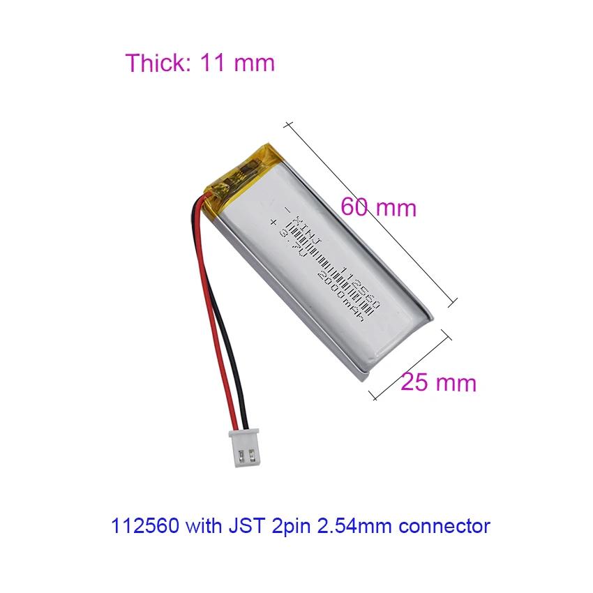 3.7V 2000mAh 7.4Wh Li-Polymer Li Lithium Battery 112560 JST 2pin 2.54mm Connector For GPS Bluetooth Headphones Speaker Camera